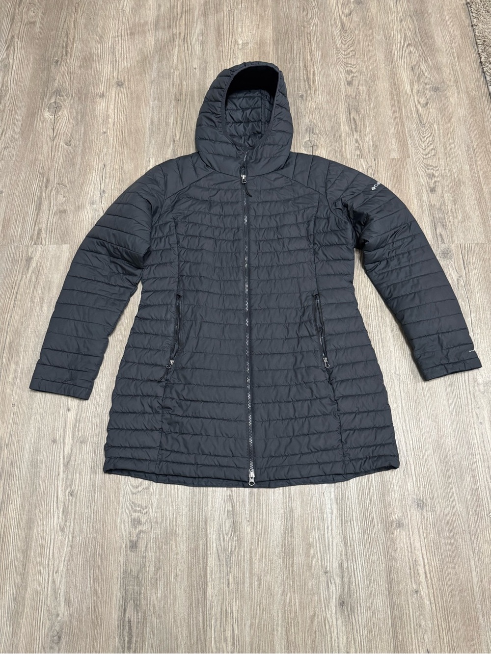 Columbia Womens Black White Out Mid Omni Heat Puffer Hooded Jacket  XL XK0679